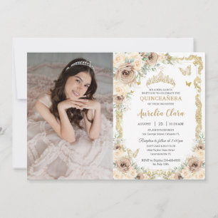 Champagne Cream Floral Sweet Sixteen QUINCEAÑERA Invitation