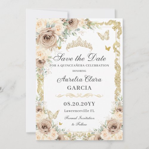Champagne Cream Floral Sweet Sixteen QUINCEAERA Save The Date