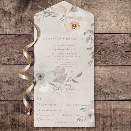 Champagne  Cream Watercolor Boho Floral Dinner All In One Invitation