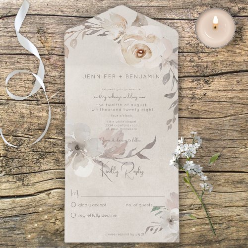 Champagne  Cream Watercolor Boho Floral No Dinner All In One Invitation