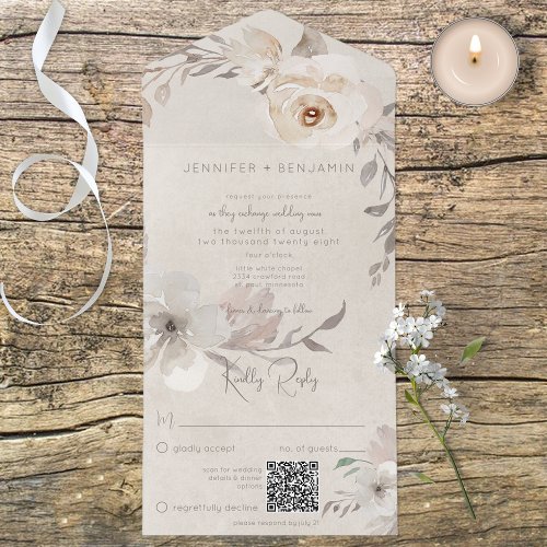 Champagne  Cream Watercolor Boho Floral QR Code All In One Invitation