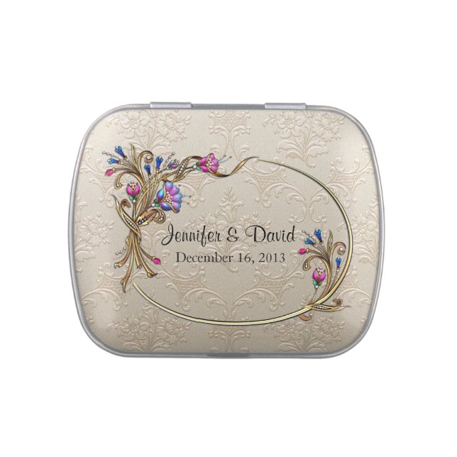 Champagne Damask Custom Wedding Candy Tin (Top)