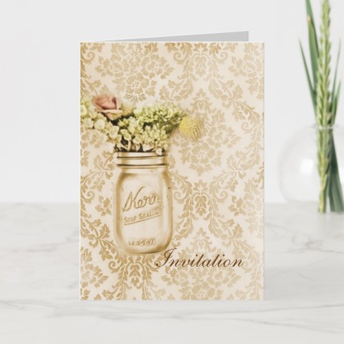 Champagne damask floral mason jar wedding invitation