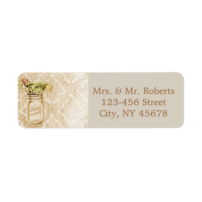 Champagne damask floral mason jar wedding label (Front)