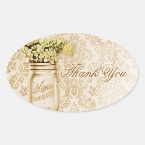 Champagne damask floral mason jar wedding oval sticker