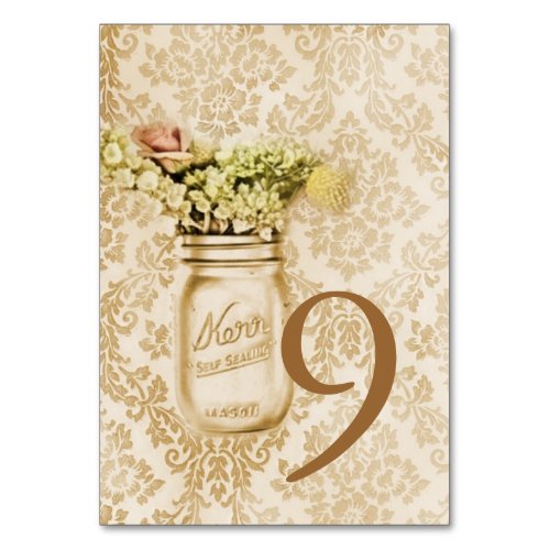 Champagne damask floral mason jar wedding table number