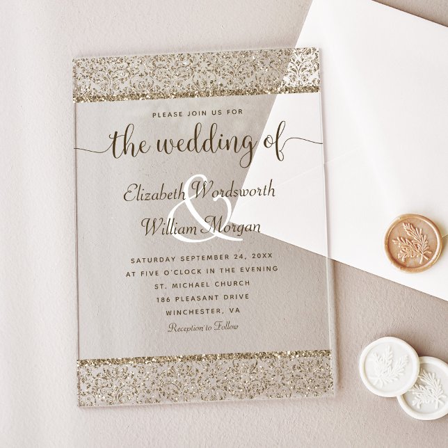 Champagne Damask Glitter Monogram Elegant Wedding Acrylic Invitations (Creator Uploaded)