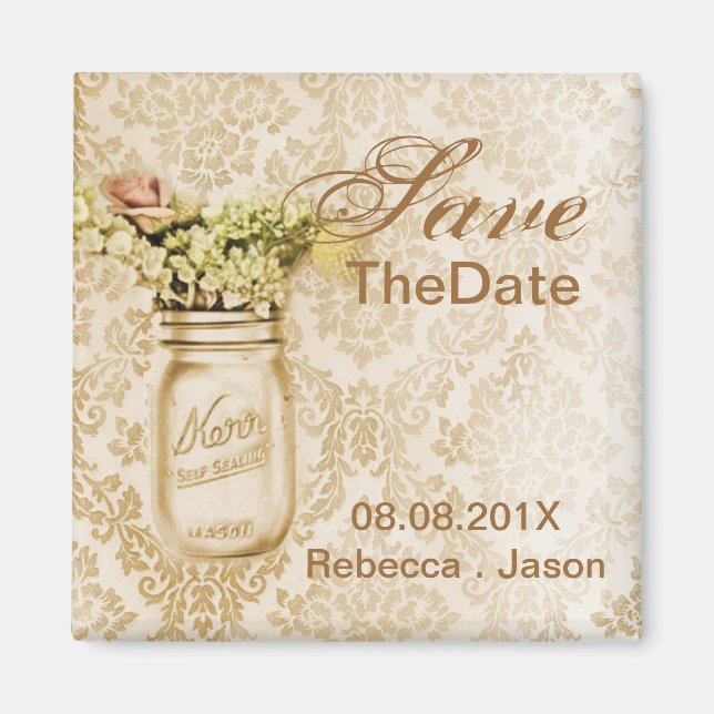Champagne damask mason jar save the date wedding magnet (Front)