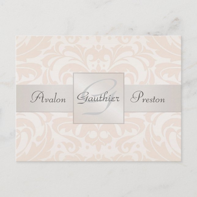 Champagne Damask Monogram Save The Date Postcard (Front)