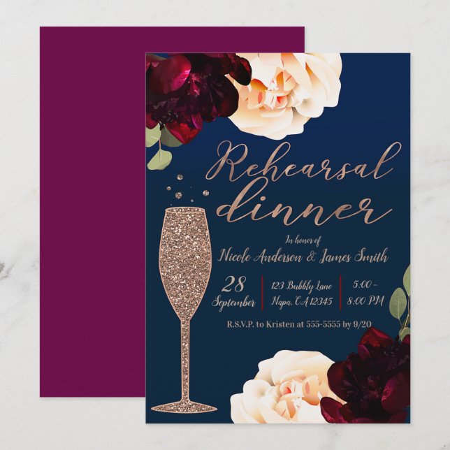 Champagne Dark Blue Floral Rehearsal Dinner Invitation (Front/Back)