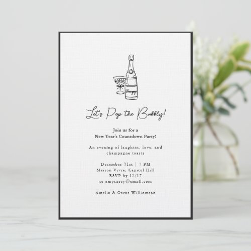 Champagne Drawing Minimalist New Year's Eve Party Invitation