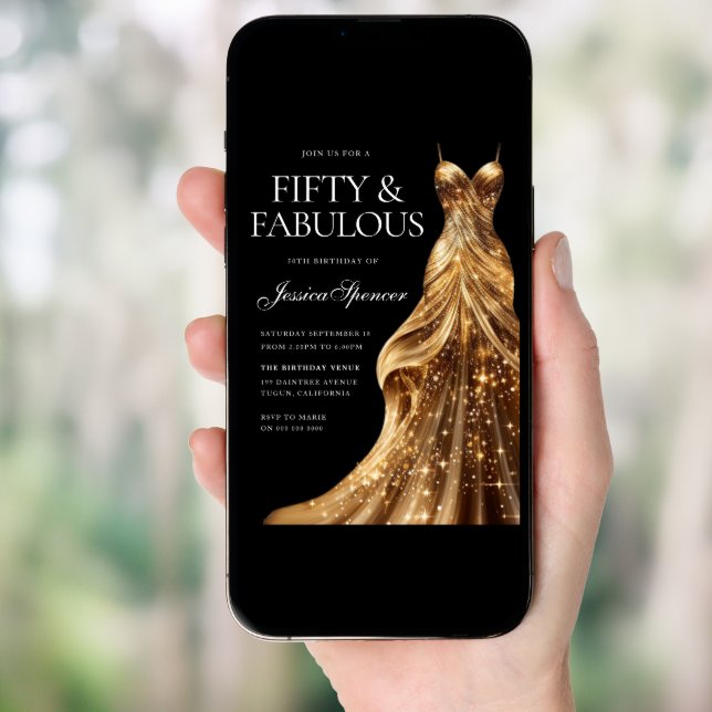 Champagne Dress Black Fabulous Fifty 50th Birthday Invitation (Front Digital)