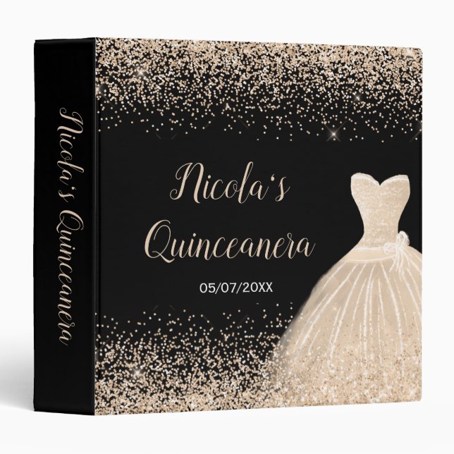 Champagne Dress Faux Glitter Quinceanera Album 3 Ring Binder (Front/Spine)