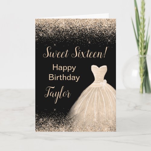 Champagne Dress Faux Glitter Sweet 16 Birthday Card