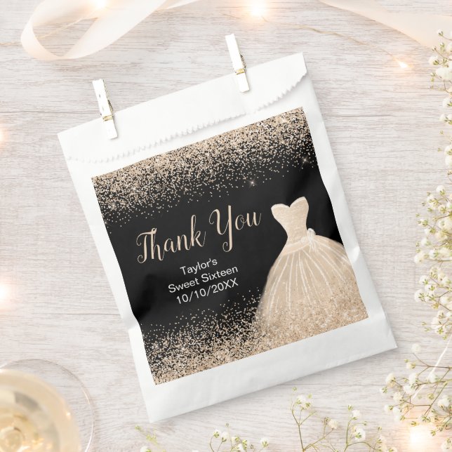 Champagne Dress Faux Glitter Sweet 16 Birthday Favor Bag (Clipped)