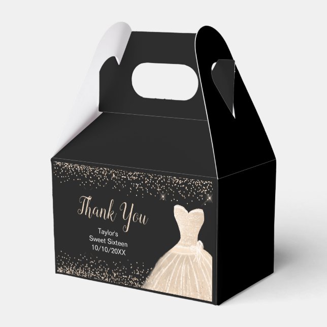 Champagne Dress Faux Glitter Sweet 16 Birthday Favor Boxes (Back Side)