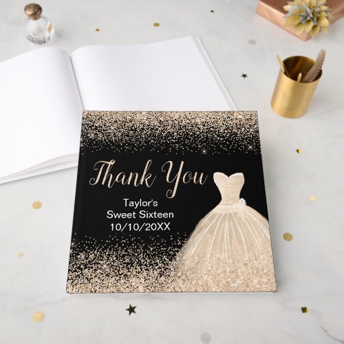 Champagne Dress Faux Glitter Sweet 16 Birthday Guest Book