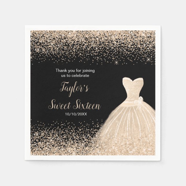 Champagne Dress Faux Glitter Sweet 16 Birthday Napkins (Front)