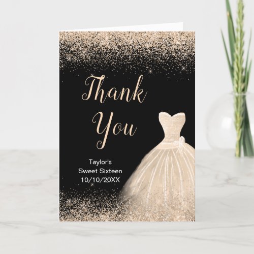 Champagne Dress Faux Glitter Sweet 16 Birthday Thank You Card