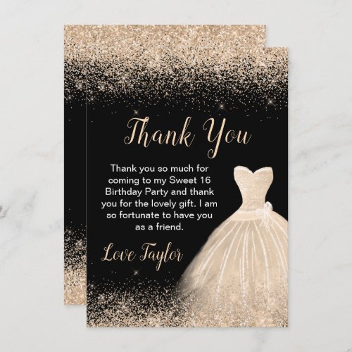 Champagne Dress Faux Glitter Sweet 16 Birthday Thank You Card