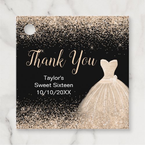 Champagne Dress Faux Glitter Sweet 16 Thank You Favor Tags
