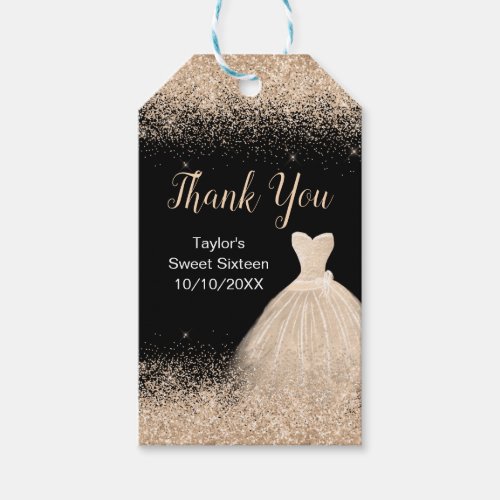 Champagne Dress Faux Glitter Sweet 16 Thank You Gift Tags