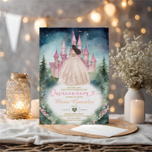 Champagne Dress Forest Pink Castle 15 Quinceañera Invitation