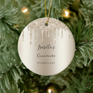 Champagne Dripping Glitter Elegant Quinceanera Ceramic Ornament