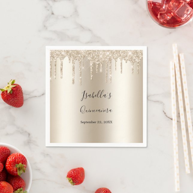 Champagne Dripping Glitter Elegant Quinceanera Napkins (Insitu)