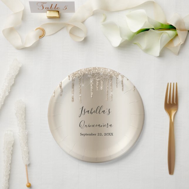 Champagne Dripping Glitter Elegant Quinceanera Paper Plates (Wedding)