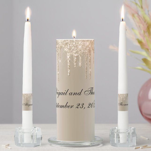 Champagne Dripping glitter Personalized Wedding Unity Candle Set (In Situ)