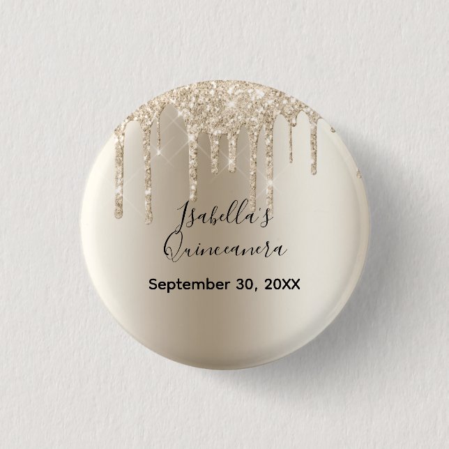 Champagne Dripping Glitter Quinceanera Birthday Button (Front)