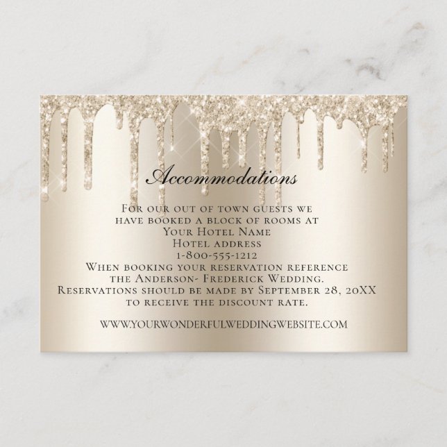 Champagne Dripping Glitter Wedding Accommodations  Enclosure Card (Front)