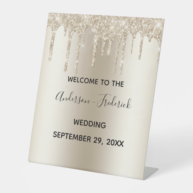 Champagne Dripping Glitter Wedding Welcome Pedestal Sign (Front)