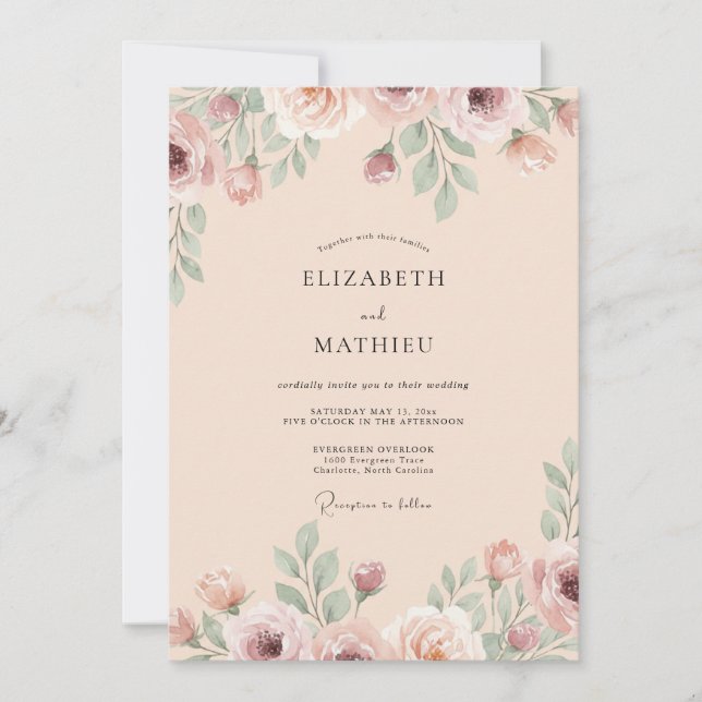 Champagne Dusty Blush Peony Wedding Invitation (Front)