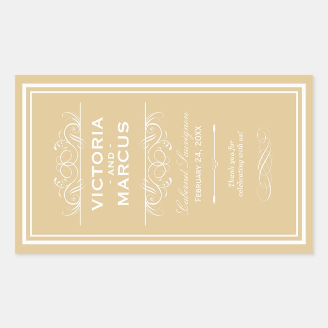 Champagne Elegant Wedding Monogram Wine Bottle Rectangular Sticker (Front)