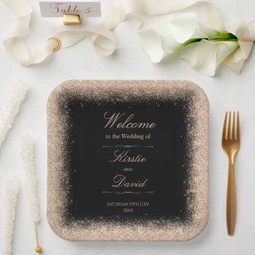 Champagne Faux Glitter Border Wedding Paper Plates