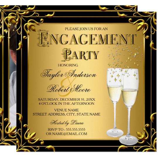 Champagne Faux Gold Black Engagement Party Photo Invitation