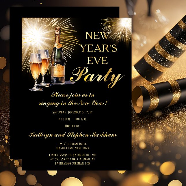Champagne Fireworks Black Gold New Years Eve Party Foil Invitation (Champagne with Glasses and Fireworks Black and Gold Tone New Year's Eve Party Invitation)