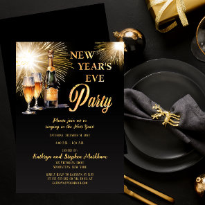 Champagne Fireworks Black Gold New Years Eve Party Invitation