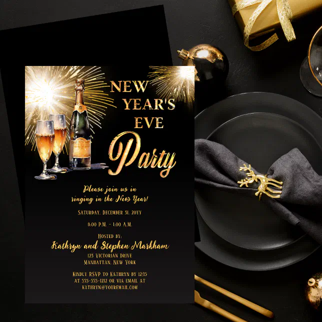 Champagne Fireworks Black Gold New Years Eve Party Invitation | Zazzle