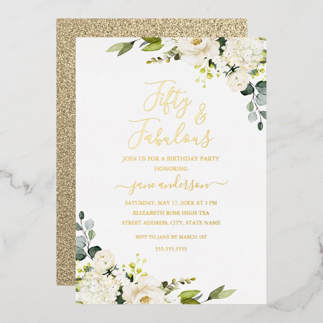Champagne Floral 50 & Fabulous Birthday Foil Invitation (Front/Back)