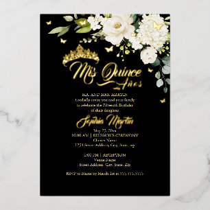 Champagne Floral Black Gold Mis Quince Quinceanera Foil Invitation