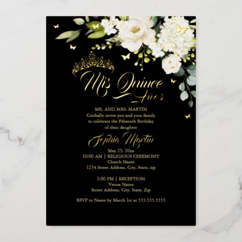 Champagne Floral Black Gold Mis Quince Quinceanera Foil Invitation