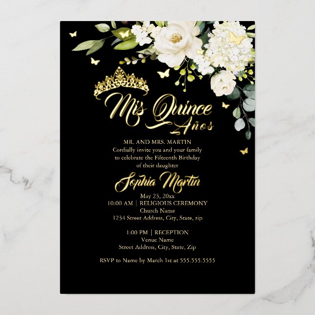 Champagne Floral Black Gold Mis Quince Quinceanera Foil Invitation (Front)