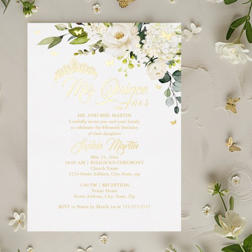 Champagne Floral Gold Mis Quince Quinceanera Foil Invitation