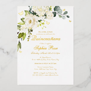 Champagne Floral Golden Butterfly Quinceanera Foil Invitation