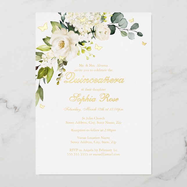 Champagne Floral Golden Butterfly Quinceanera Foil Invitation (Front)