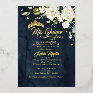 Champagne Floral Navy Gold Mis Quince Quinceanera Foil Invitation