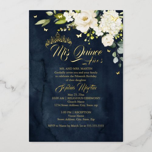 Champagne Floral Navy Gold Mis Quince Quinceanera Foil Invitation